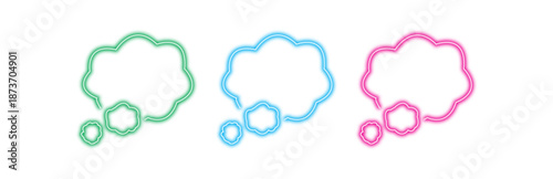 A vibrant set of colorful neon thought bubbles in green blue and pink isolated on a white background for creative expression and communication ideas.
