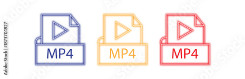 Set of three colorful mp4 file format icons with play buttons and neon outlines, isolated on a white background, representing video playback and digital media technology.