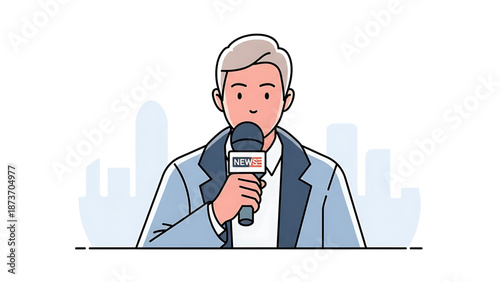 Professional male journalist or speaker presenting news live into a microphone with a city skyline in the background, perfect for communication and media concepts