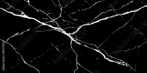 Abstract black marble texture with dramatic white lightning-like veins and cracks. High-contrast natural stone background, elegant and modern, ideal for luxury design, wallpapers, branding, and print 
