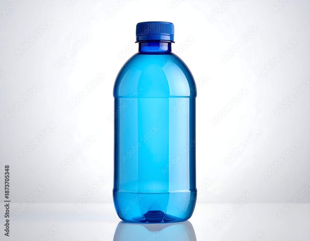 Naklejka premium A clear blue plastic bottle filled with liquid against a white backdrop