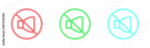 Multiple variants of colorful neon mute volume icons, perfect for modern user interface design, representing no sound controls isolated on transparent background.