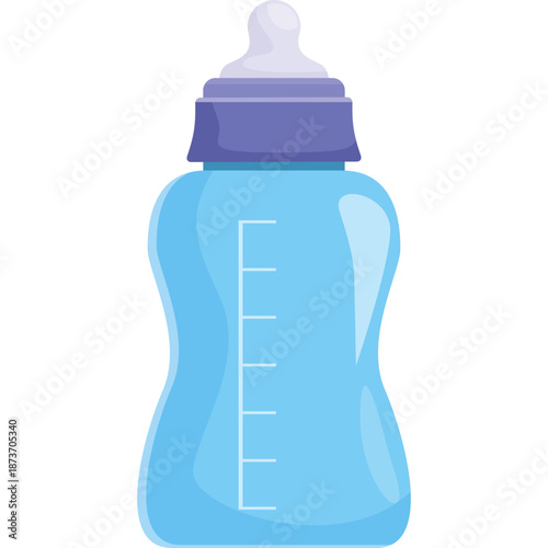 Blue baby bottle with purple cap and nipple, illustration