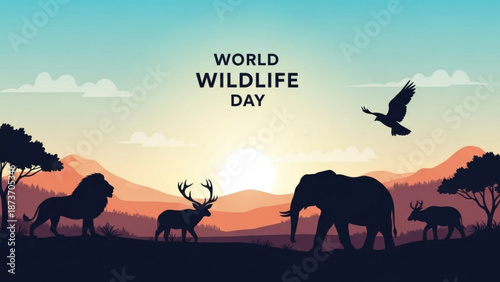 World wildlife day illustration with silhouettes of lion elephant deer and bird in savannah landscape at sunset with conservation and animals