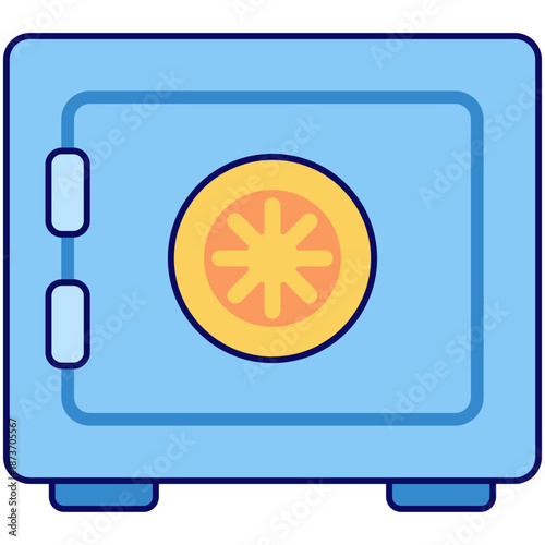 A sturdy blue metal safe box with a yellow combination dial for storing valuables