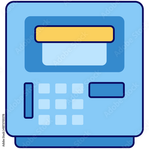 A flat line illustration of an automated teller machine (ATM) with a keypad, screen, and card slot