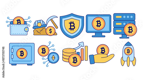 Bitcoin illustrations with mining, storage, security, and digital technology elements. Perfect for cryptocurrency websites, blogs, and financial articles.