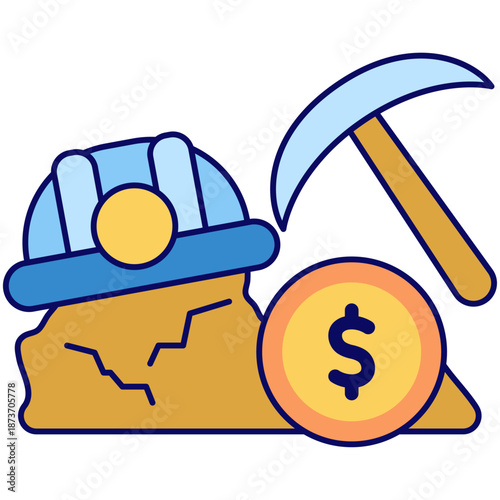 A pickaxe and miner's helmet next to a gold coin representing the process of crypto mining