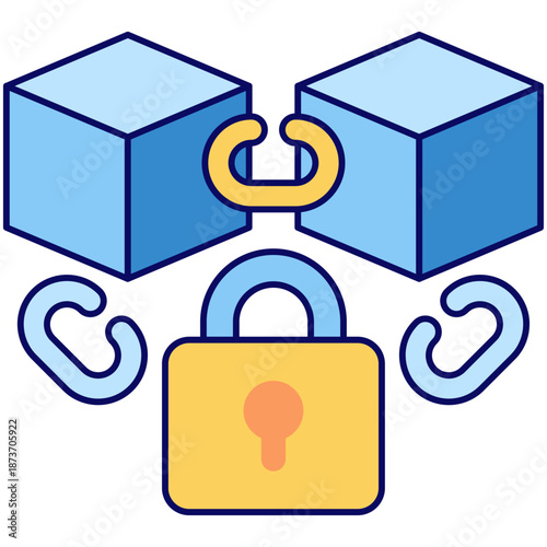 Two digital blocks connected by a link with a large padlock in the foreground, representing secured transactions and smart contracts