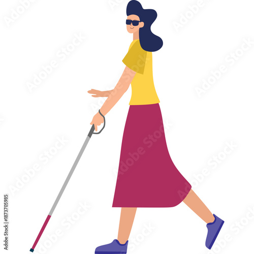 Blind Woman with White Cane Walking