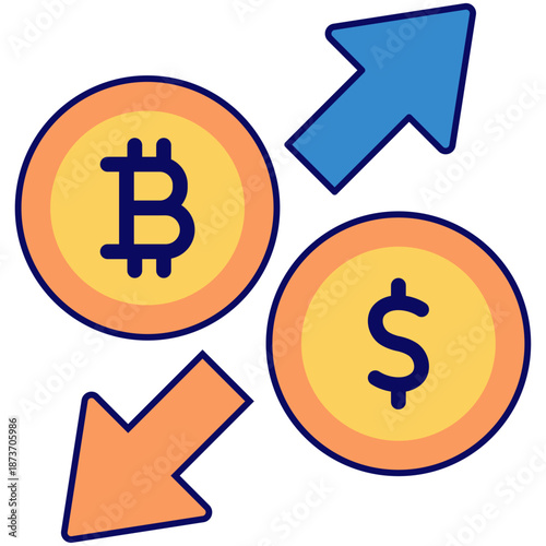 A Bitcoin coin and a Dollar coin with directional arrows, representing crypto-to-fiat exchange