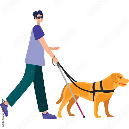 Blind person with guide dog and cane