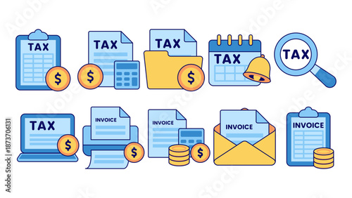 Tax and invoice related icons with dollar symbols suitable for financial websites, payment platforms, tax preparation services, and accounting blogs.