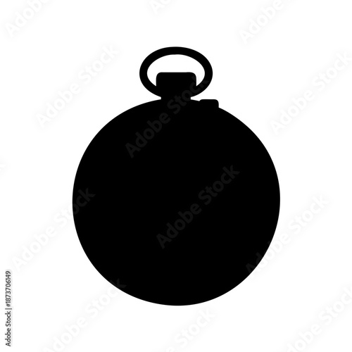 Antique Pocket Watch Black Silhouette on White Background, Time Telling Device