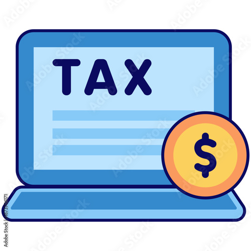 Computer screen shows tax with a dollar sign coin. Suitable for financial concepts, tax season, accounting, budgeting, and tax preparation.