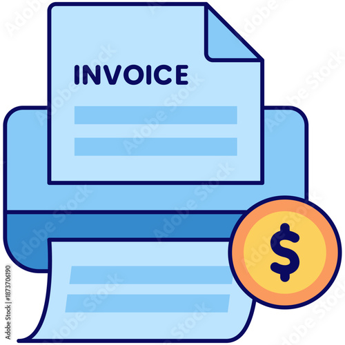 Blue printer generating an invoice next to a dollar coin. Suitable for finance, business, small business, invoices, payments, printing concepts.