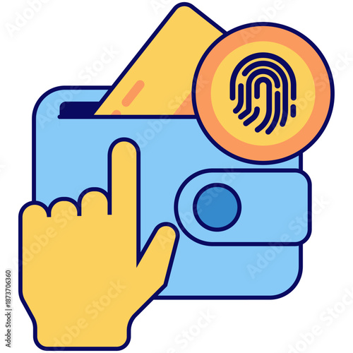 Hand touching wallet with credit card and fingerprint symbol, symbolizing secure online payment concept. Suitable for finance and security concepts.