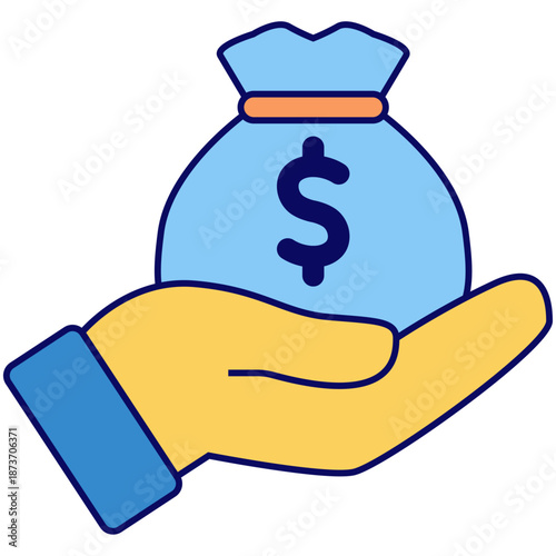 Yellow hand holding light blue moneybag with dollar sign suitable for financial concepts, savings, investment, business, wealth management, and banking.