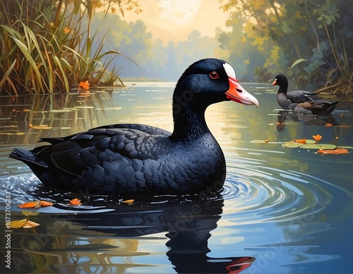 A black bird with white beak floats on water, other birds far