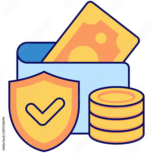 Wallet shield coins bill symbolizes financial security. Suitable for finance, banking, insurance, and security concepts in design projects.