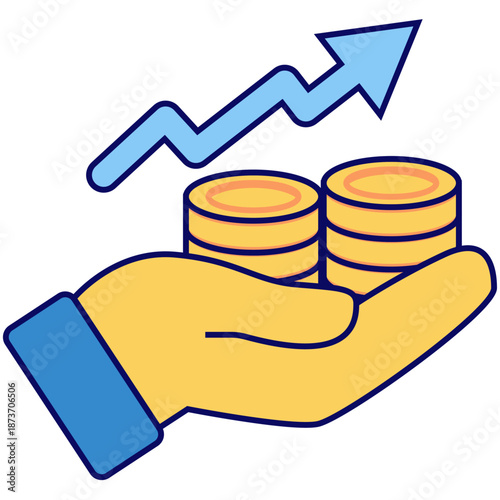 Hand holding coins with rising arrow, symbolizing financial growth. Ideal for finance, investment, success concepts in marketing materials.