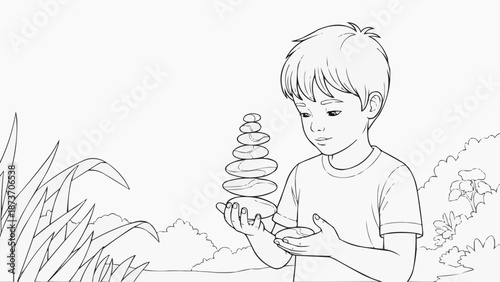 Children's coloring book - a boy balancing small stones in his hands before placing them down