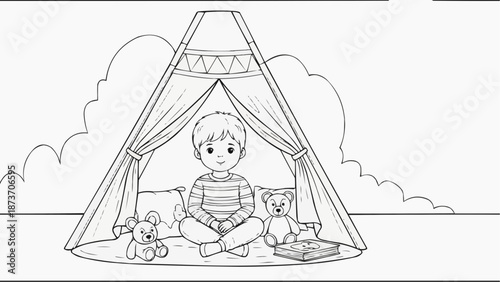 Children's coloring book - Young boy sitting in a tent with teddy bears and a book  