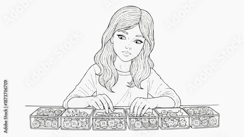 Children's coloring book - A girl sorts colorful buttons into containers on a table