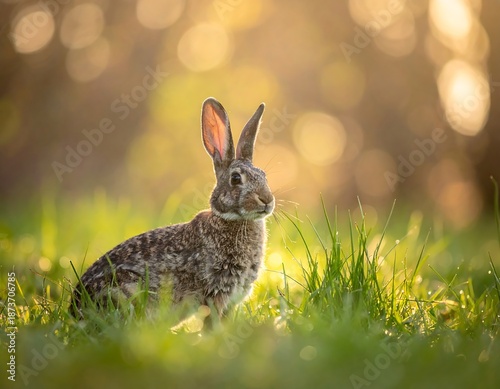 A bunny sits in sunlit grass, ears up, against a soft bokeh