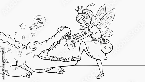 Children's coloring book - Fairy pulls out a tooth from a sleeping crocodile
