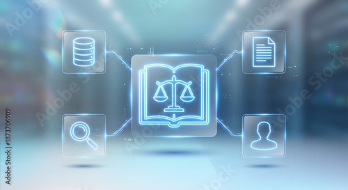 digital legal technology concept showing neon scales of justice book icon connected to data storage document search and user profile symbols in modern high tech server room environment