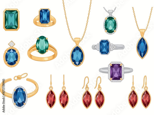 Collection of exquisite gemstone jewelry including rings necklaces earrings and bracelet.