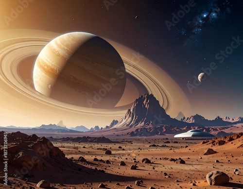 A celestial scene of a planet with rings above an alien landscape