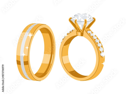 Two golden wedding rings one engagement ring with diamonds.