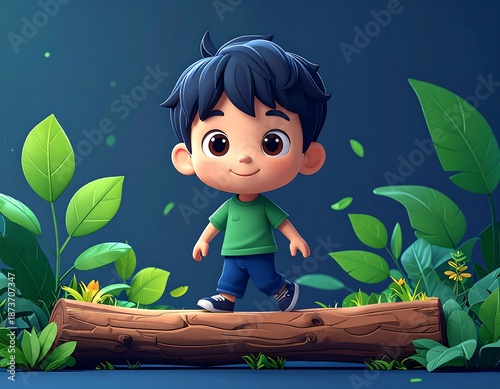 A charming cartoon boy strolls across a wooden log in a lush forest