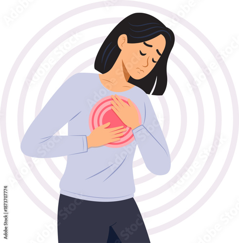 Illustration of a woman holding her chest in pain with a red heart pulse symbol, representing chest pain, heart attack, and cardiovascular health issues