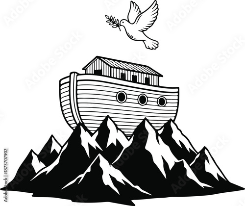 Noah's Ark on mountain peaks with dove and olive branch