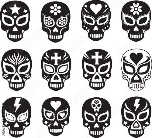 Twelve Black and White Mexican Wrestler Skull Masks