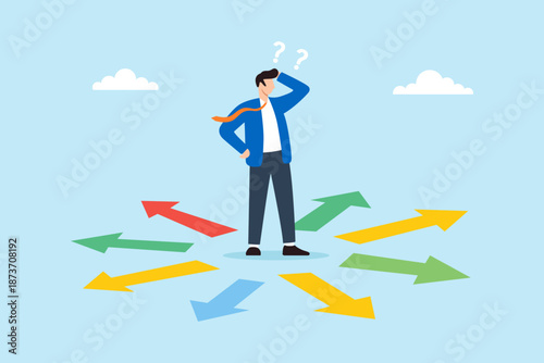 Flat illustration of businessman standing among multiple arrows symbolizing confusion indecision choice overload and difficulty making decision