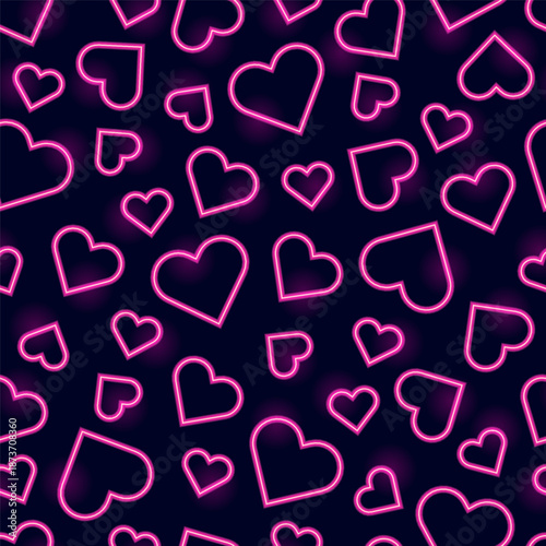Seamless pattern of vibrant glowing pink neon hearts on dark background. Design for wallpapers, websites, textiles, wrapping paper, decorations for Valentine's Day. Hand drawn vector illustration.