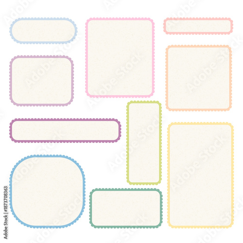 Set of blank pastel scalloped labels and frames for decoration, scrapbooking or tags. Hand drawn vector illustration for social posts, notes or digital designs.