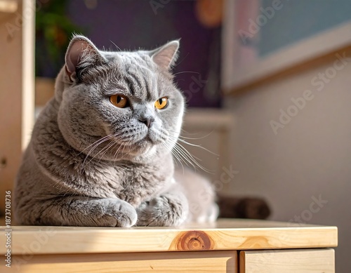 A regal grey cat gazes serenely in a sunlit wooden interior