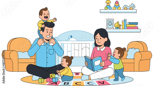 Happy family spending quality time together at home, parents with children playing, reading books, learning and bonding, joyful parenting lifestyle illustration