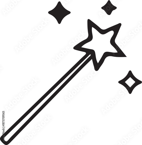 Black magic wand with stars on transparent background star sparkles illustration icon symbol fantasy fairy dream wish spell wizard sorcery enchantment mythology legend clipart simple