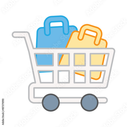 A shopping cart filled with blue and yellow shopping bags, illustrating a completed or bulk purchase