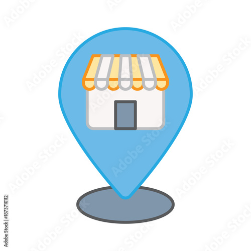 A blue map pin containing a shop icon, used for locating physical store branches or pick-up points