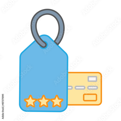 A blue price tag with star ratings placed in front of a credit card, symbolizing rewards programs and premium payment methods