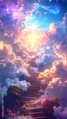 A staircase ascends through fluffy clouds towards a celestial light