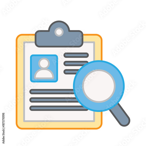 A magnifying glass hovering over a resume or user profile clipboard, representing data search and HR