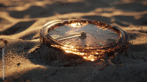 An old watch covered with melted gold lying on the sand. The image tells a story of time passing and the value of things.